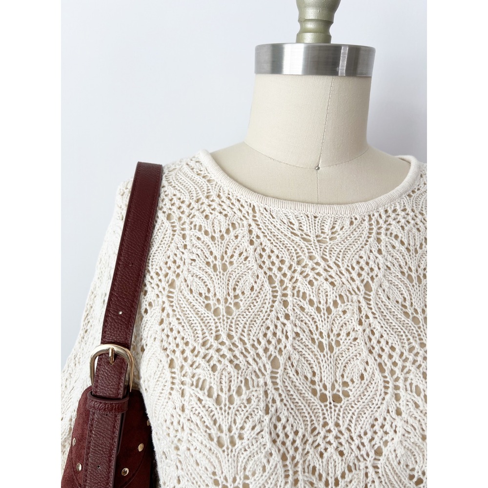 Cream 100% Cotton Sweater Crochet Open Knit Leaf Pattern Long Length Y2K XL - Picture 3 of 8